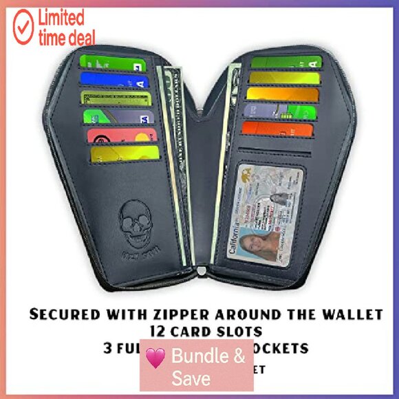 Gothic Coffin Wallet with Wristlet Strap, Vegan Faux Leather, 6 Compartments - Picture 7 of 7